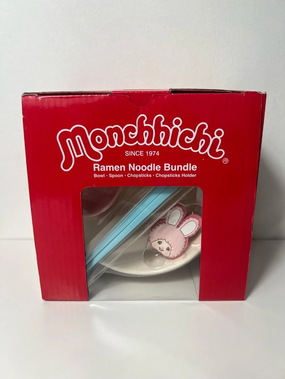 Monchhichi Ceramic Ramen Noodle Bowl 4PC Set W/ Chopsticks Soup Spoon & Holder